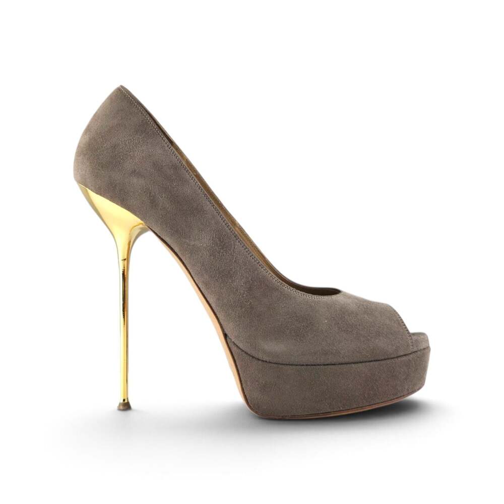 Gianmarco Lorenzi Taupe Suede Platform Peep-Toe Stiletto Heels